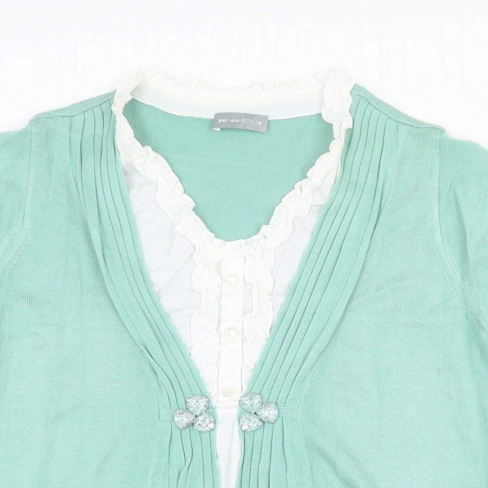 Per Una Womens Green Round Neck 100% Cotton Pullover Jumper Size 14