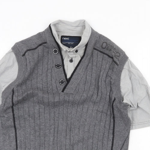 NEXT Mens Grey Collared Cotton Pullover Jumper Size S Short Sleeve