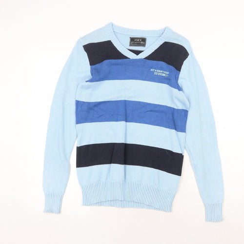 X Side Mens Blue V-Neck Striped Cotton Pullover Jumper Size S Long Sleeve