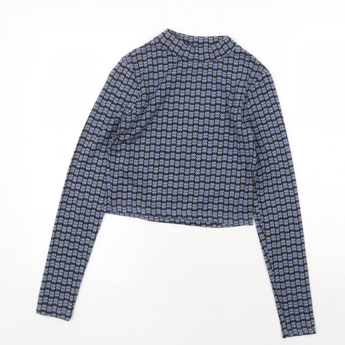 Topshop Womens Blue Geometric Polyester Cropped T-Shirt Size 6 Mock Neck