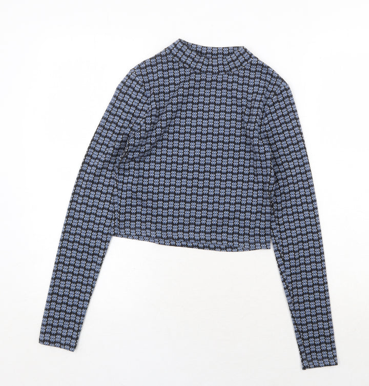 Topshop Womens Blue Geometric Polyester Cropped T-Shirt Size 6 Mock Neck