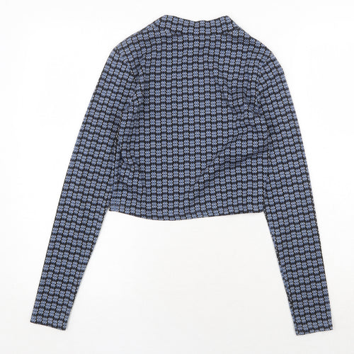 Topshop Womens Blue Geometric Polyester Cropped T-Shirt Size 6 Mock Neck
