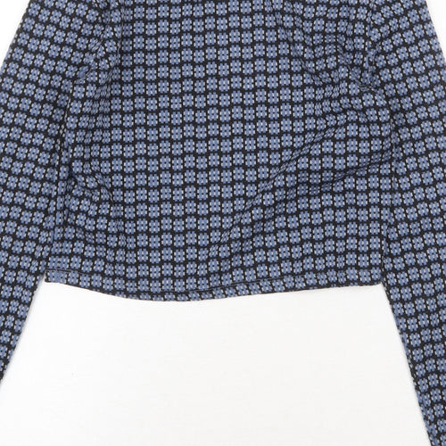 Topshop Womens Blue Geometric Polyester Cropped T-Shirt Size 6 Mock Neck