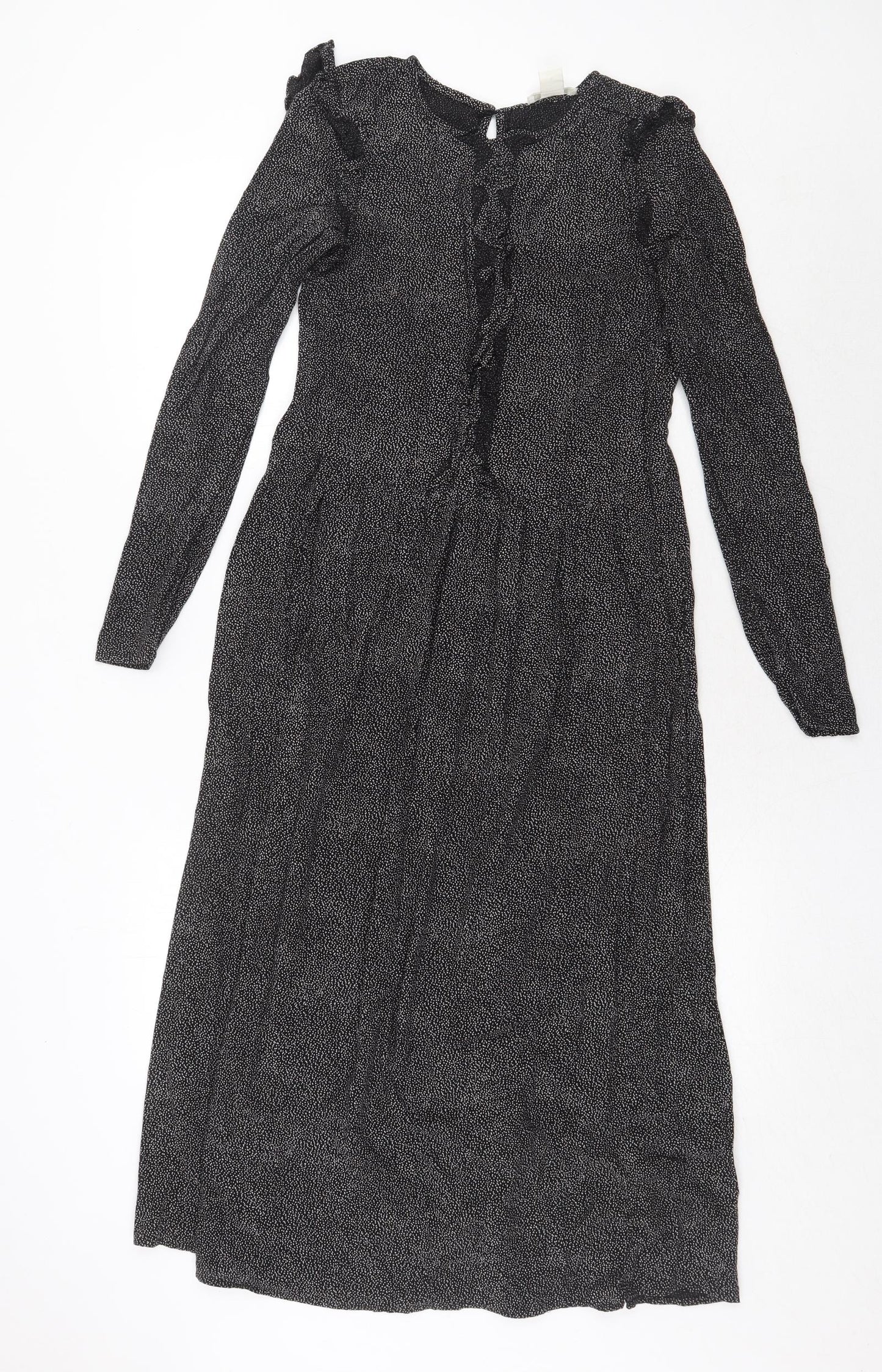 H&M Womens Black Geometric Viscose Trapeze & Swing Size 6 Round Neck Button