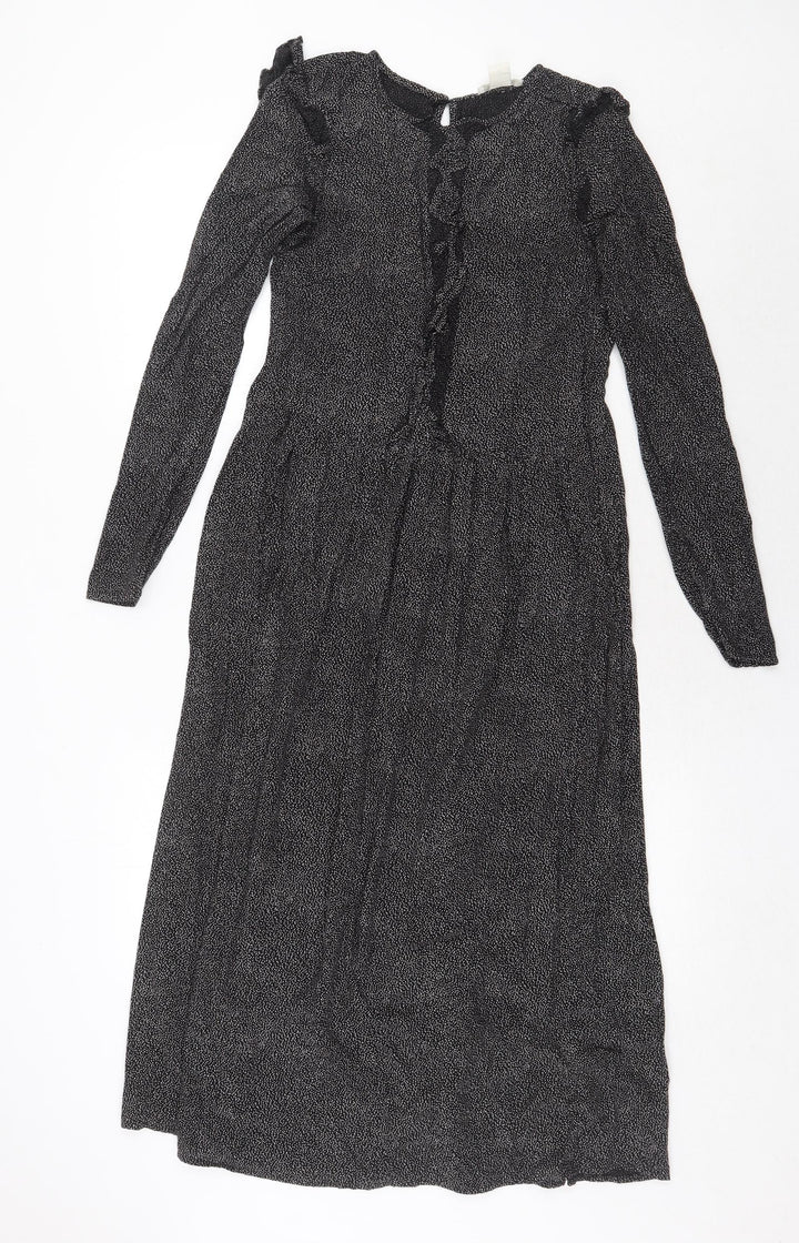 H&M Womens Black Geometric Viscose Trapeze & Swing Size 6 Round Neck Button