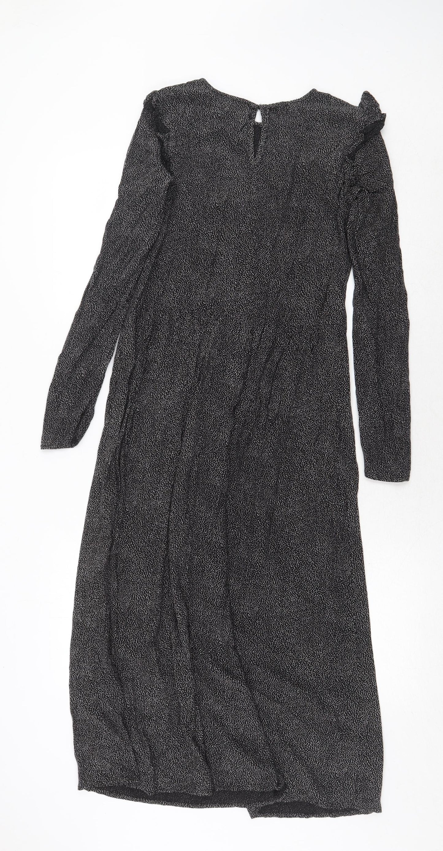 H&M Womens Black Geometric Viscose Trapeze & Swing Size 6 Round Neck Button
