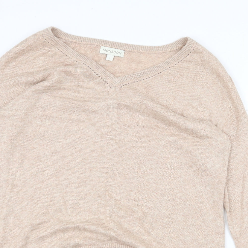 Monsoon Womens Beige V-Neck Viscose Pullover Jumper Size S