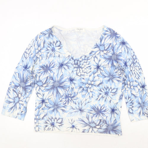 Kaliko Womens Blue V-Neck Floral Viscose Pullover Jumper Size 14