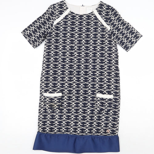 Carement Beau Womens Blue Geometric Cotton A-Line Size 12 Round Neck Zip