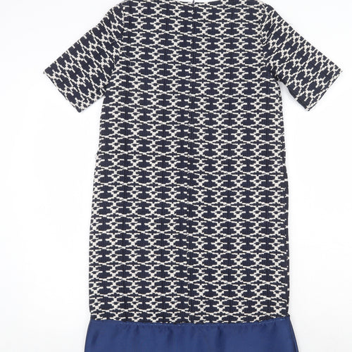 Carement Beau Womens Blue Geometric Cotton A-Line Size 12 Round Neck Zip