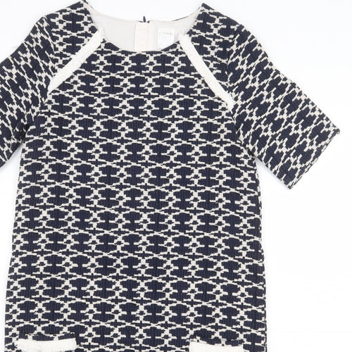 Carement Beau Womens Blue Geometric Cotton A-Line Size 12 Round Neck Zip