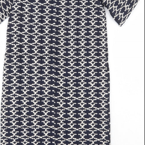 Carement Beau Womens Blue Geometric Cotton A-Line Size 12 Round Neck Zip