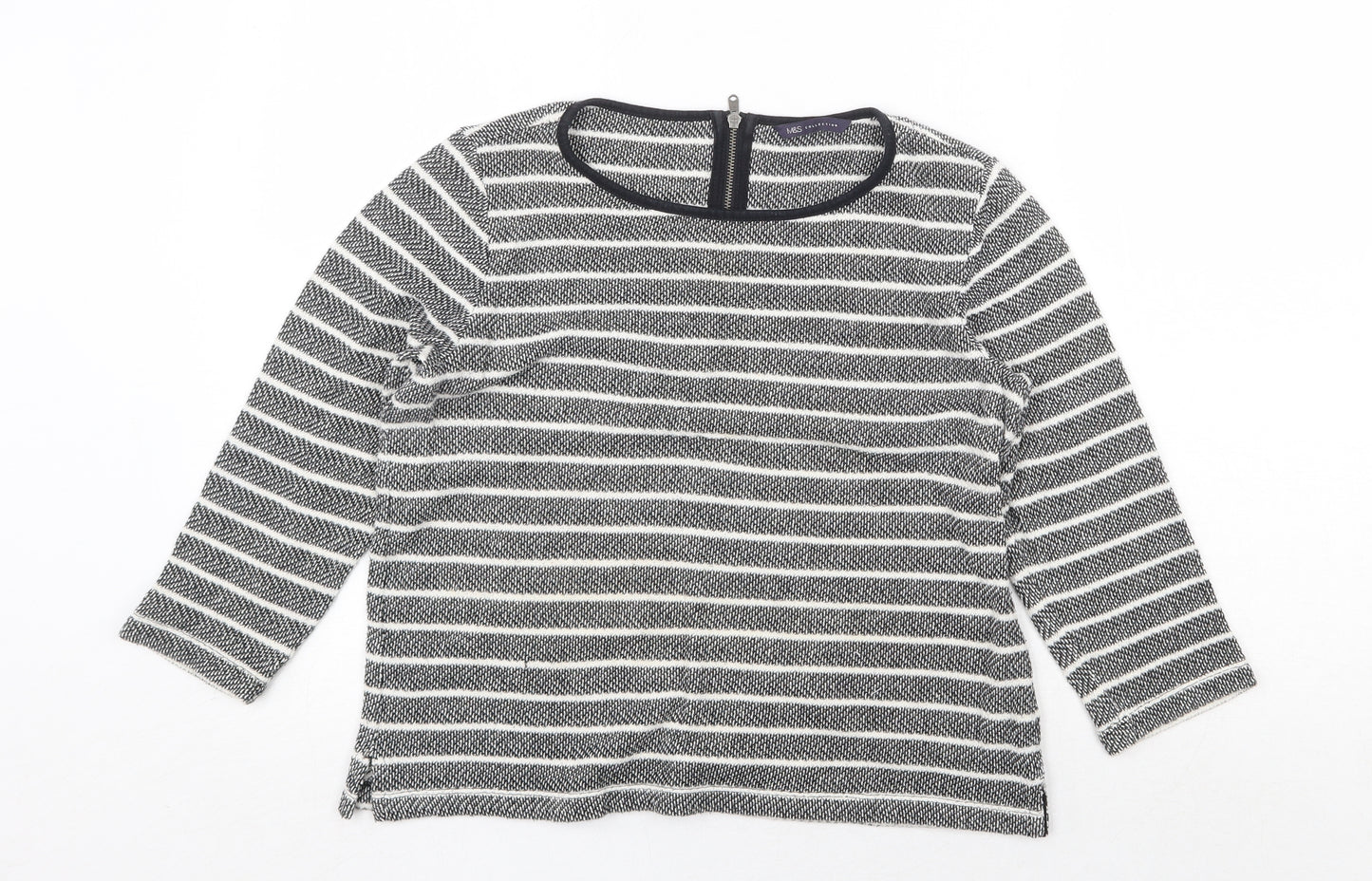 Marks and Spencer Womens Grey Striped Cotton Basic Blouse Size 12 Round Neck