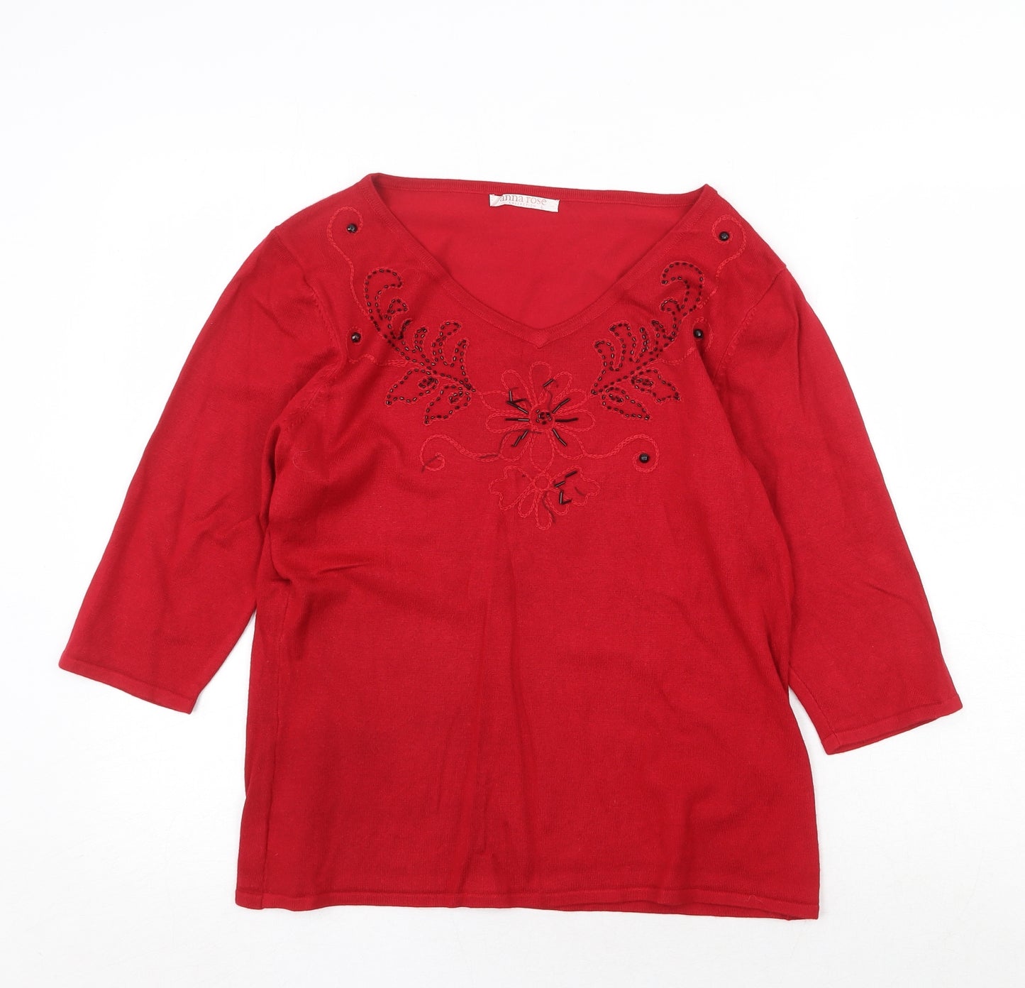 Anna Rose Womens Red V-Neck Floral Viscose Pullover Jumper Size L