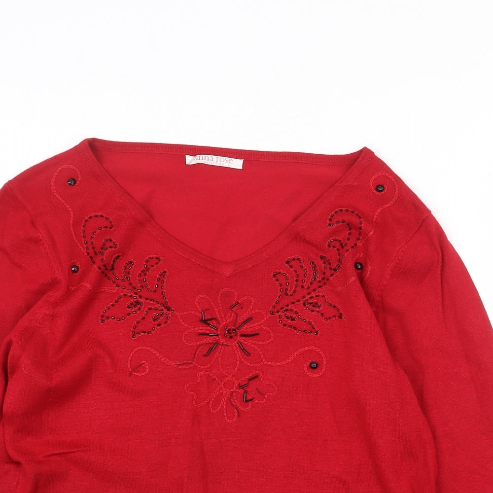 Anna Rose Womens Red V-Neck Floral Viscose Pullover Jumper Size L