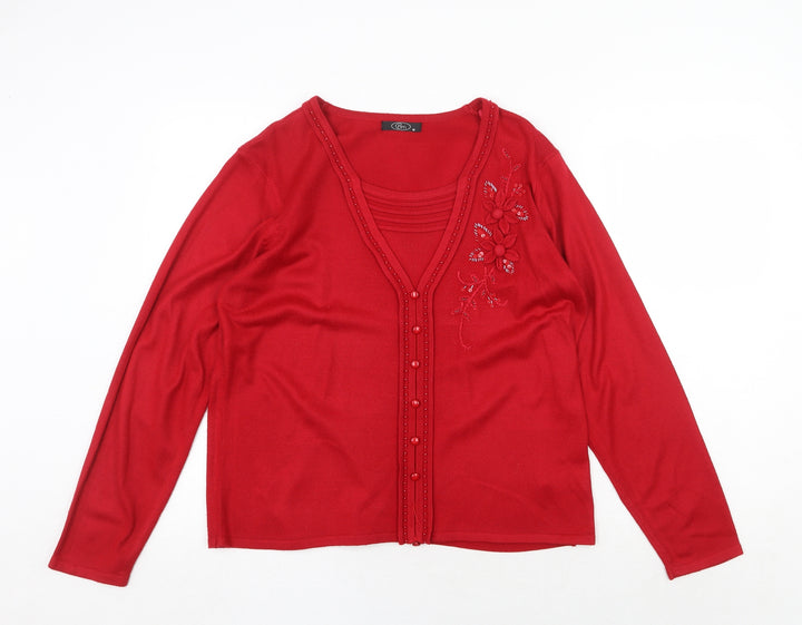 Bonmarché Womens Red Round Neck Floral Acrylic Pullover Jumper Size M - Twin Set