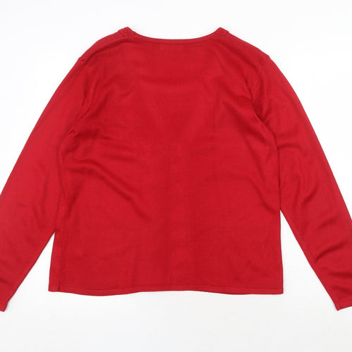 Bonmarché Womens Red Round Neck Floral Acrylic Pullover Jumper Size M - Twin Set