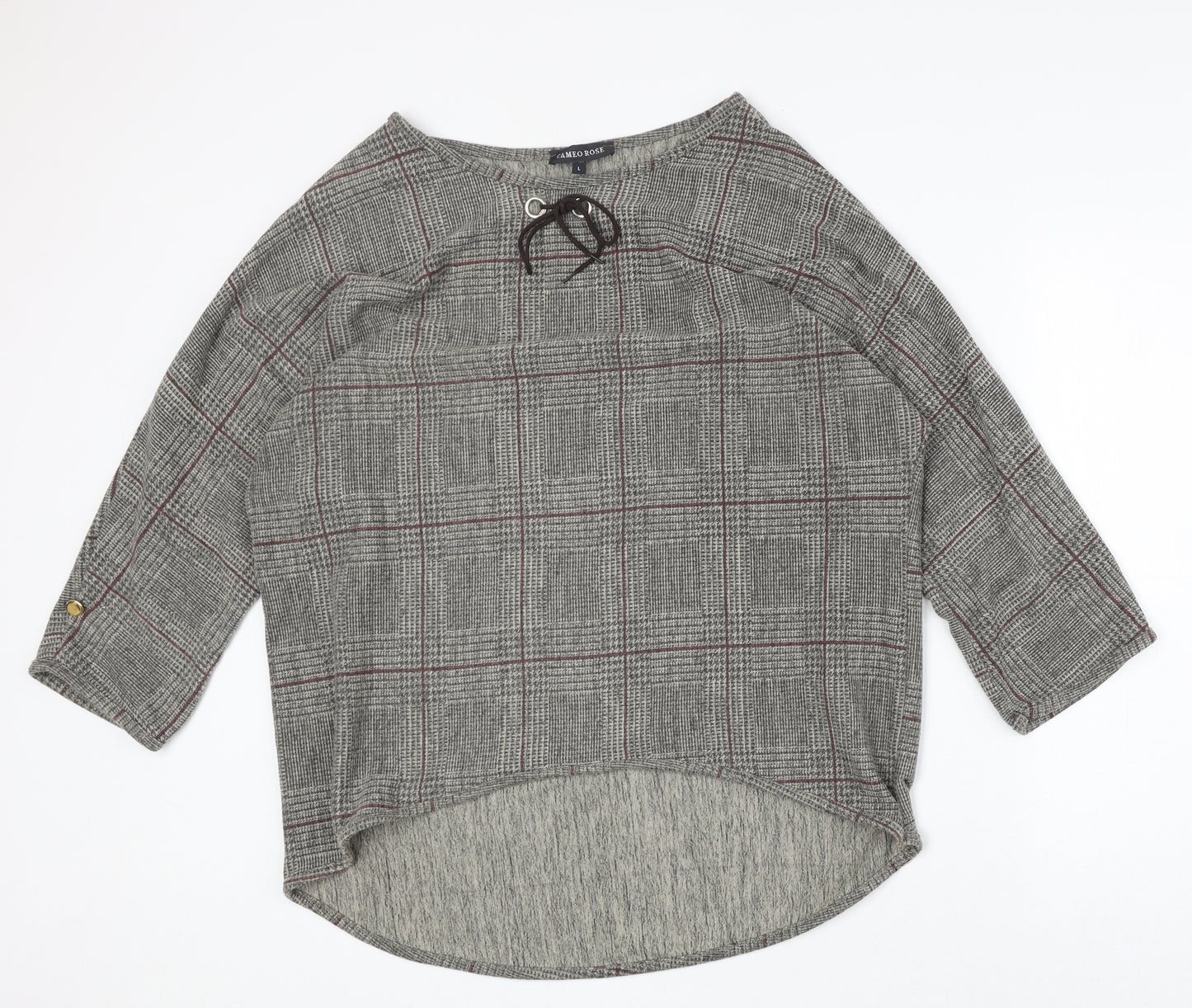 Cameo Rose Womens Brown Plaid Polyester Basic Blouse Size L Round Neck