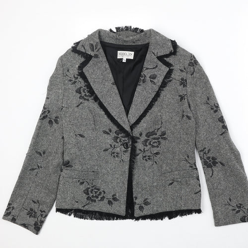 Gold Womens Black Floral Wool Jacket Blazer Size 12