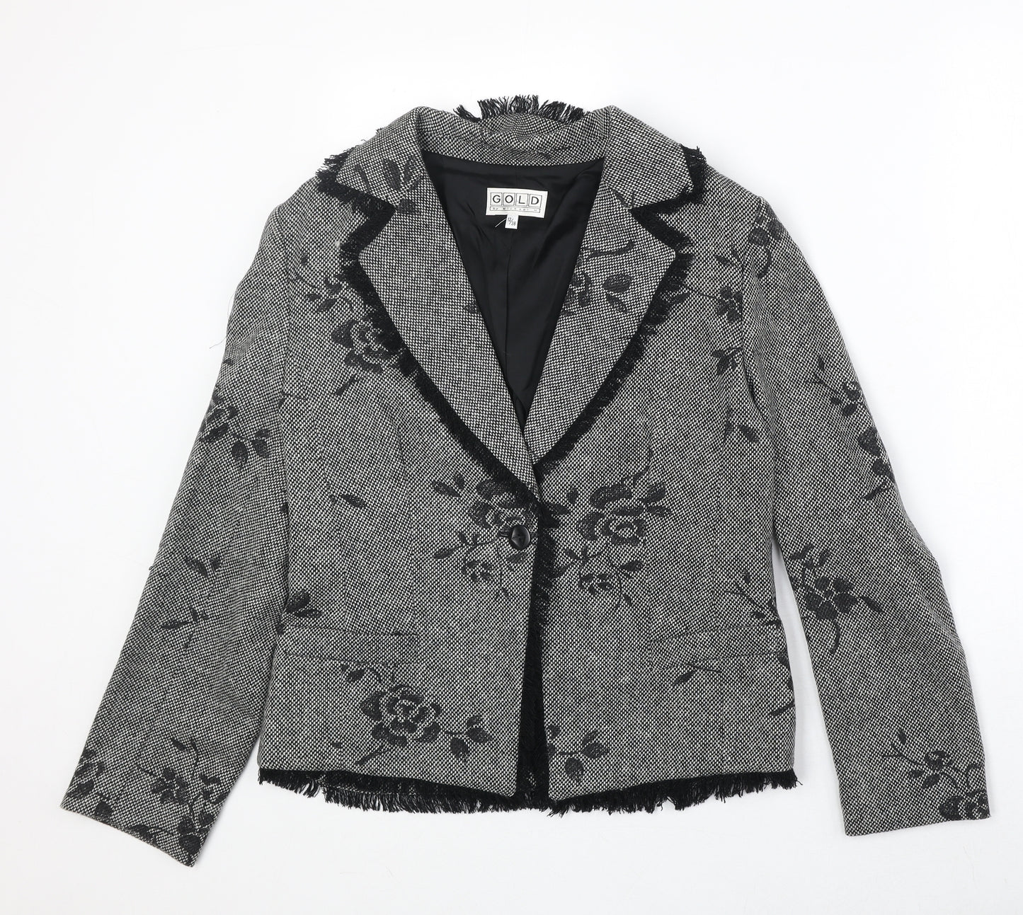 Gold Womens Black Floral Wool Jacket Blazer Size 12