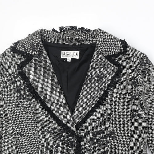 Gold Womens Black Floral Wool Jacket Blazer Size 12