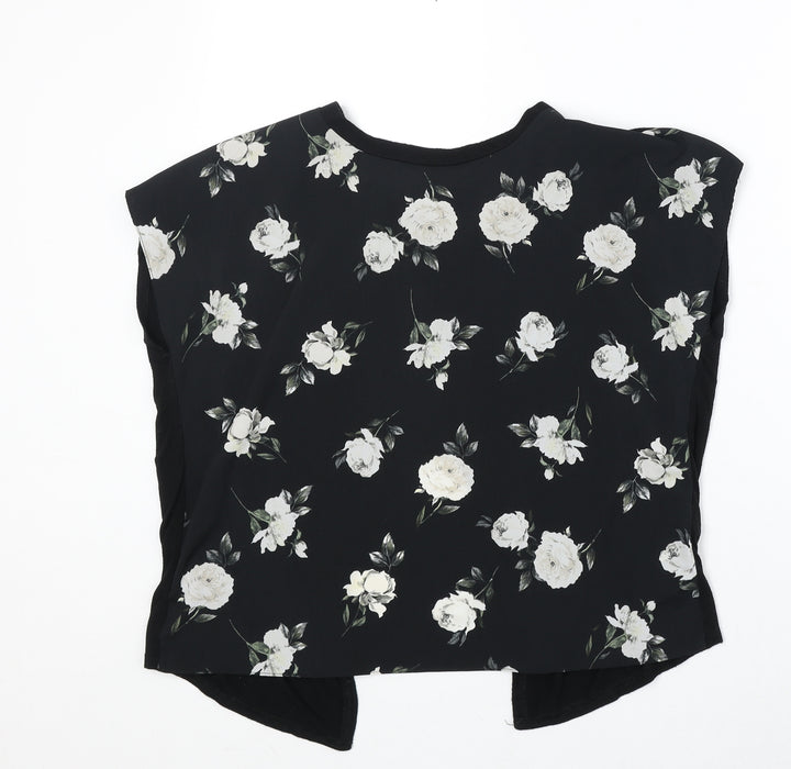 New Look Womens Black Floral Polyester Basic Blouse Size 12 Round Neck