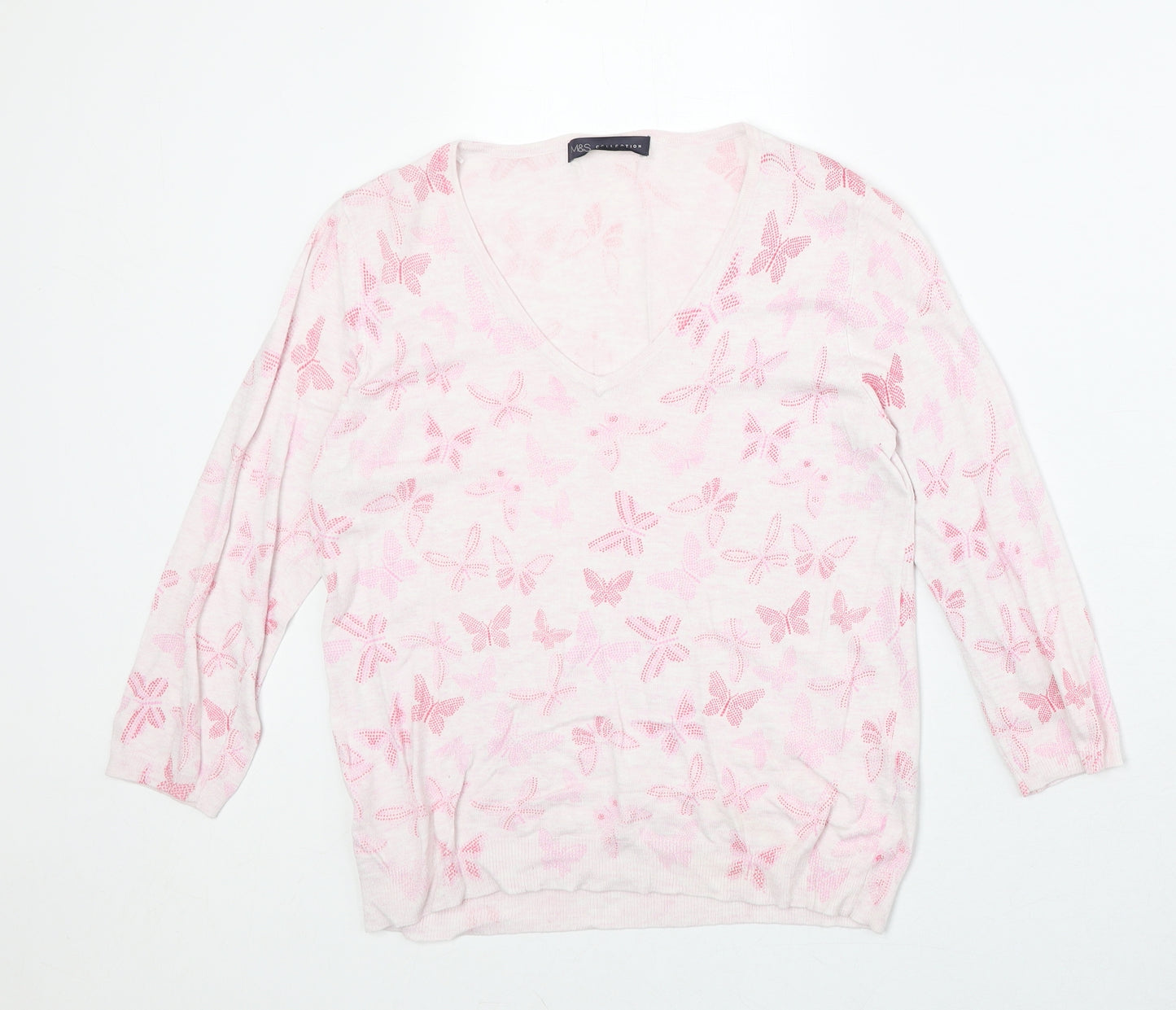 Marks and Spencer Womens Pink V-Neck Geometric Viscose Pullover Jumper Size 12 - Butterfly Pattern
