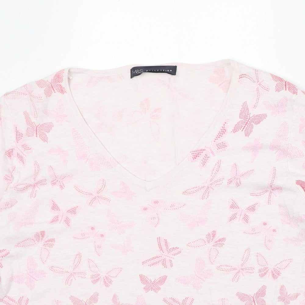 Marks and Spencer Womens Pink V-Neck Geometric Viscose Pullover Jumper Size 12 - Butterfly Pattern