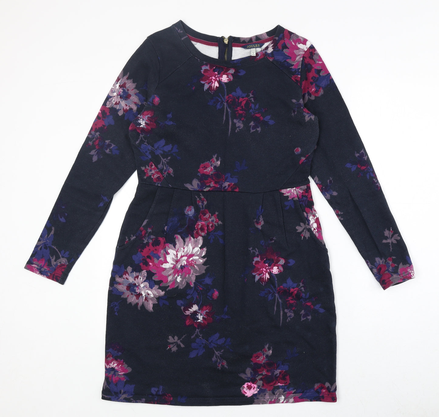 Joules Womens Blue Floral 100% Cotton A-Line Size 14 Round Neck Zip