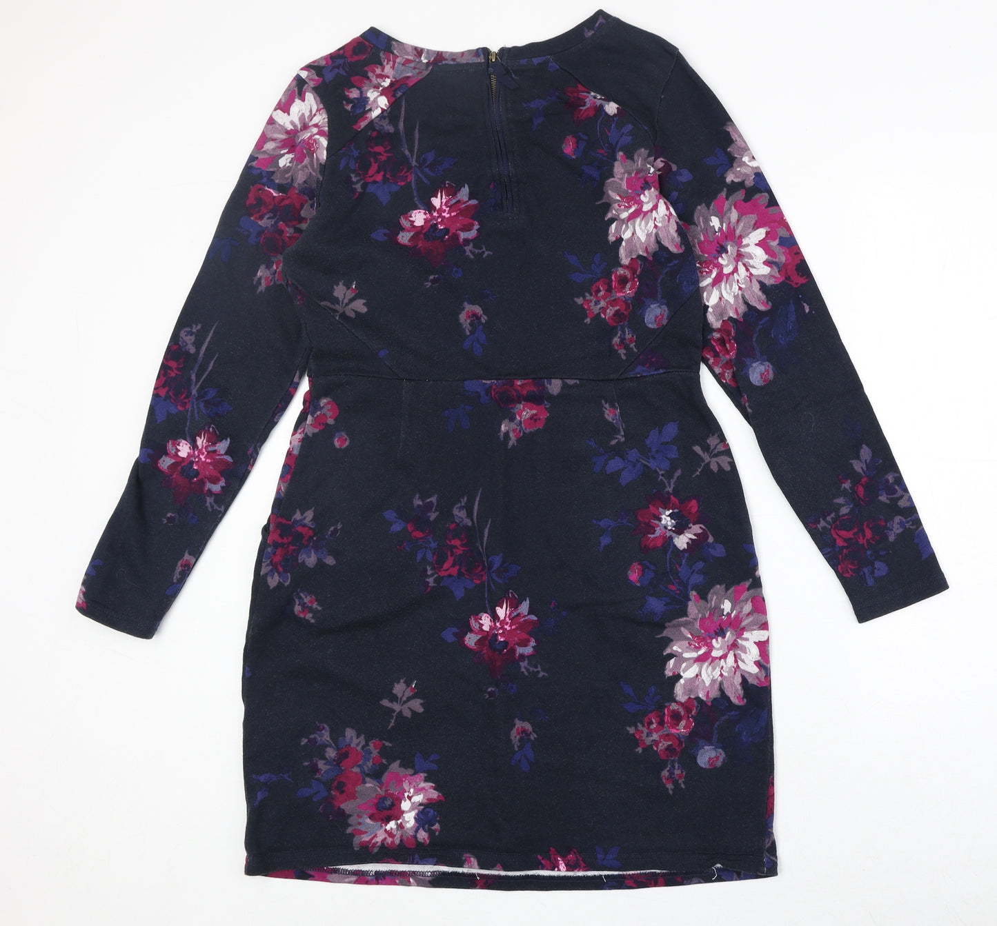 Joules Womens Blue Floral 100% Cotton A-Line Size 14 Round Neck Zip