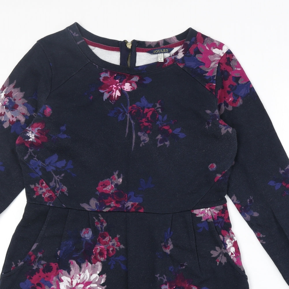 Joules Womens Blue Floral 100% Cotton A-Line Size 14 Round Neck Zip