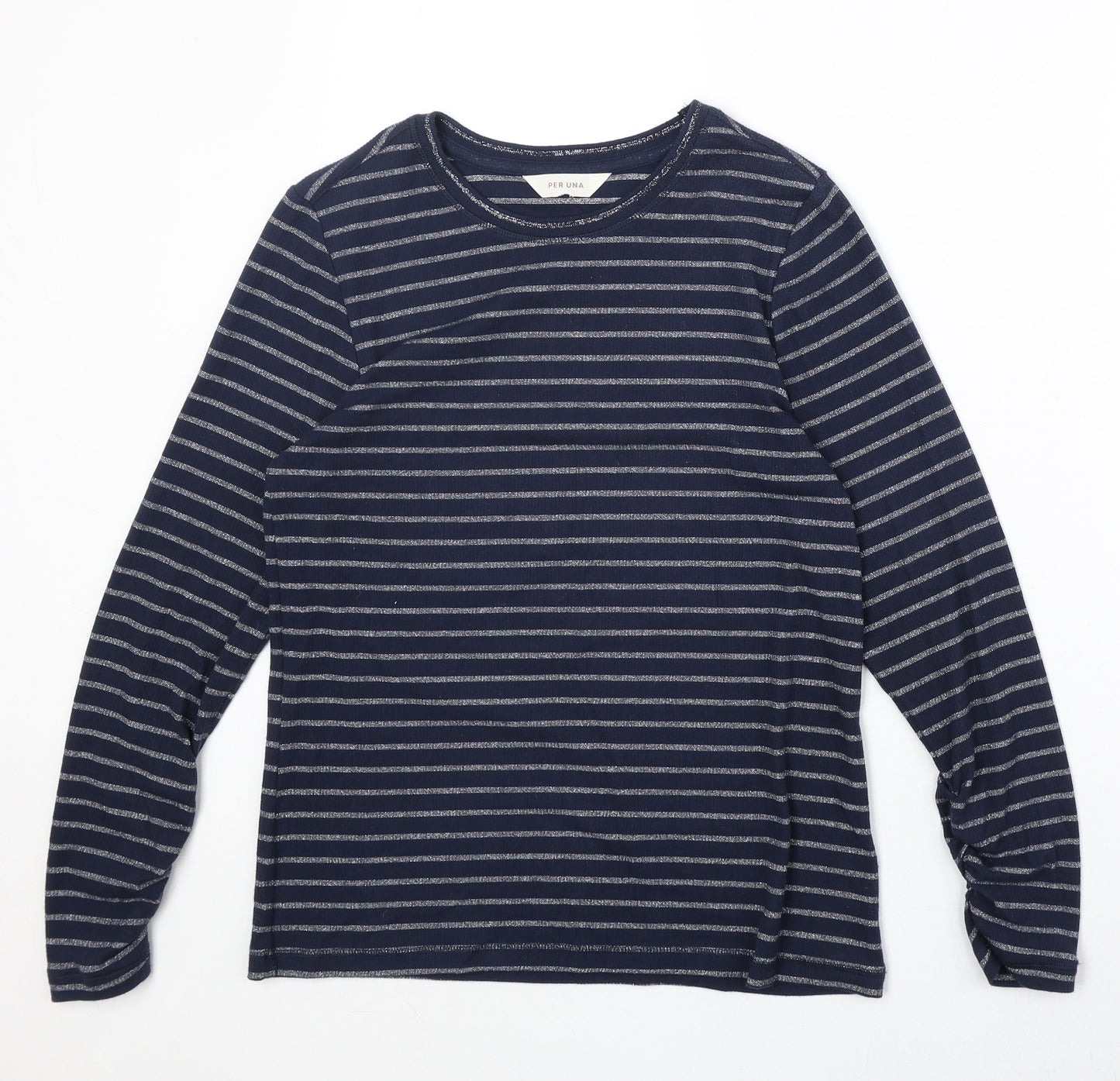 Marks and Spencer Womens Blue Striped Cotton Basic T-Shirt Size 12 Round Neck
