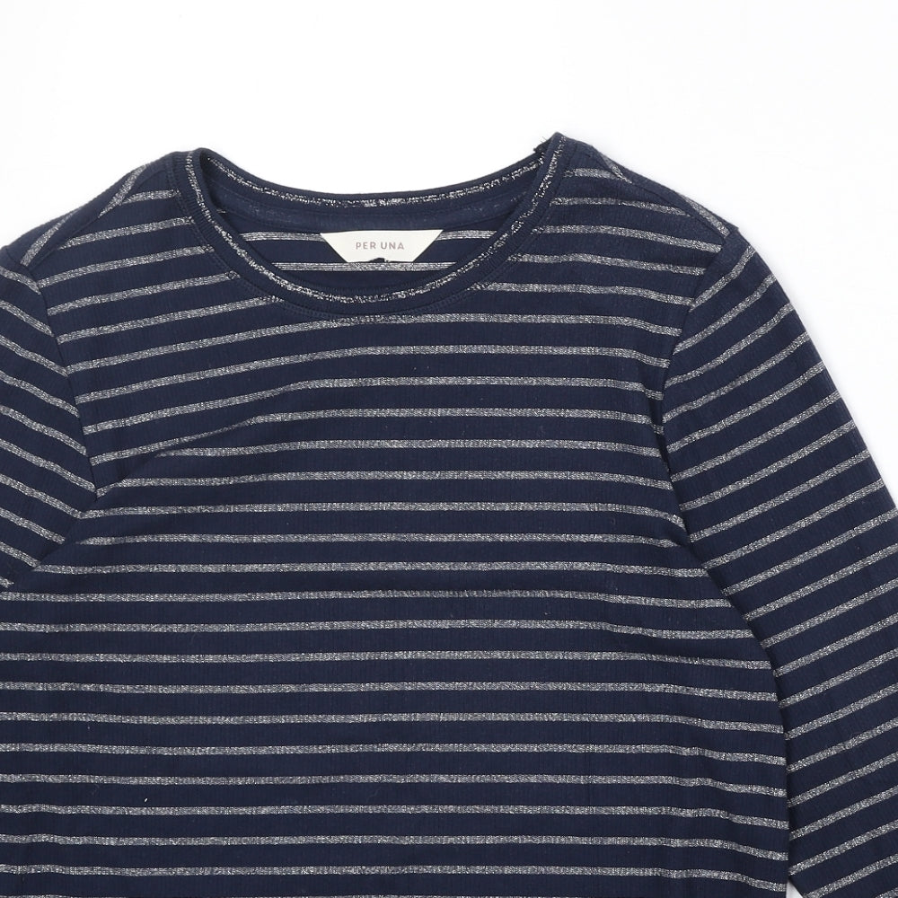 Marks and Spencer Womens Blue Striped Cotton Basic T-Shirt Size 12 Round Neck