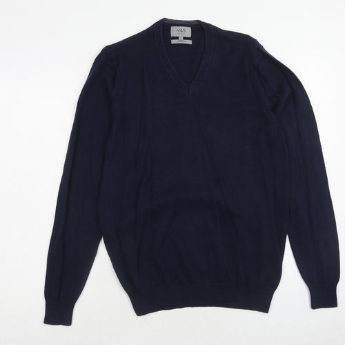 Marks and Spencer Mens Blue V-Neck Cotton Pullover Jumper Size S Long Sleeve