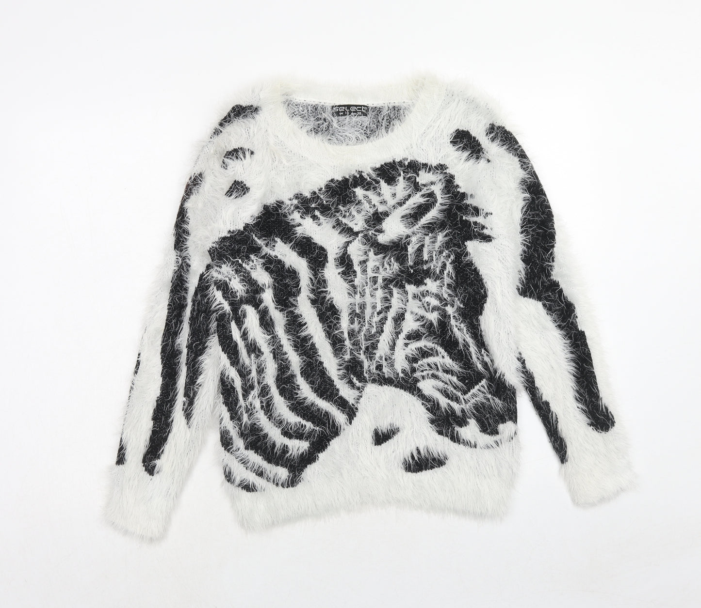 Select Womens White Round Neck Polyamide Pullover Jumper Size 10 - Zebra Print