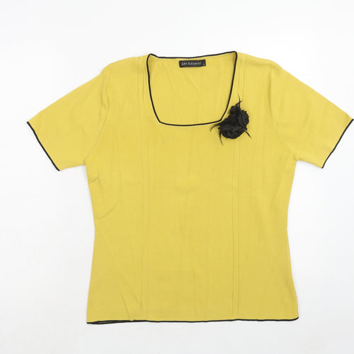 Just Elegance Womens Yellow Square Neck Viscose Pullover Jumper Size L - Flower Detail