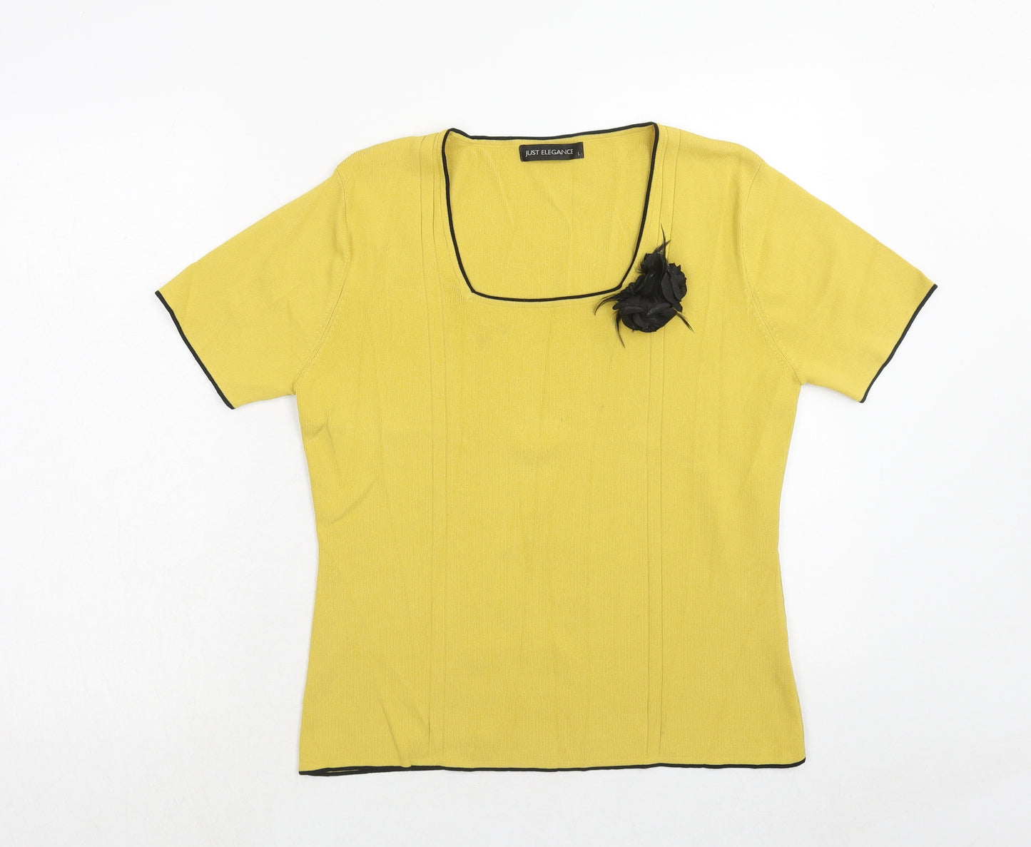 Just Elegance Womens Yellow Square Neck Viscose Pullover Jumper Size L - Flower Detail