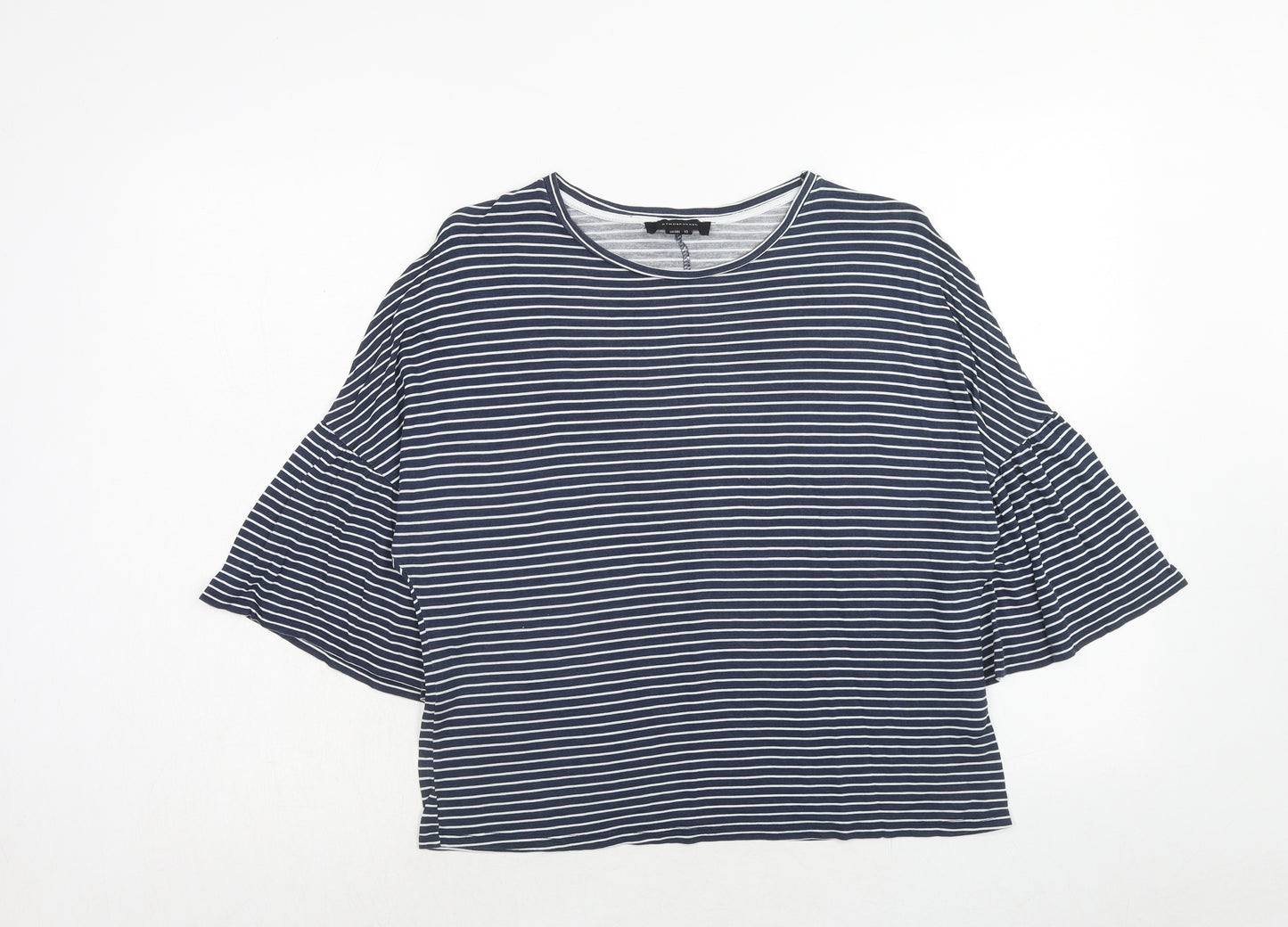 Marks and Spencer Womens Blue Striped Viscose Basic T-Shirt Size 12 Boat Neck