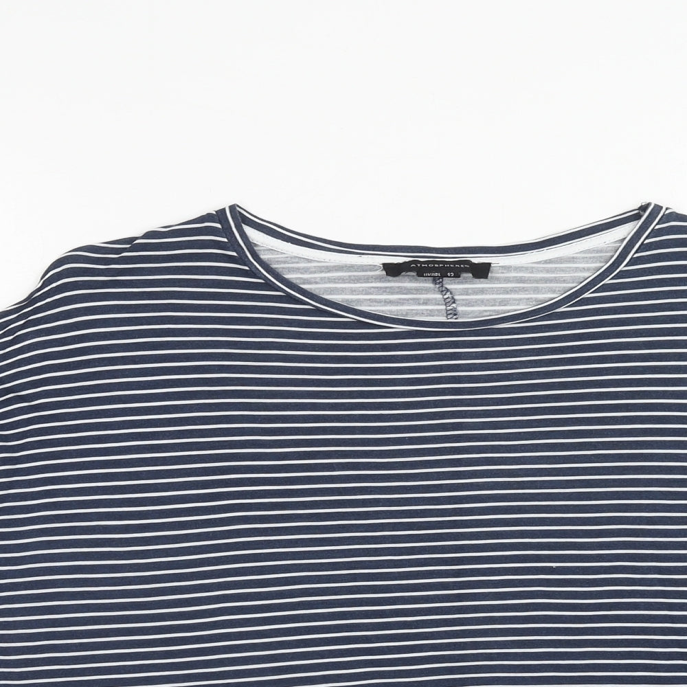 Marks and Spencer Womens Blue Striped Viscose Basic T-Shirt Size 12 Boat Neck