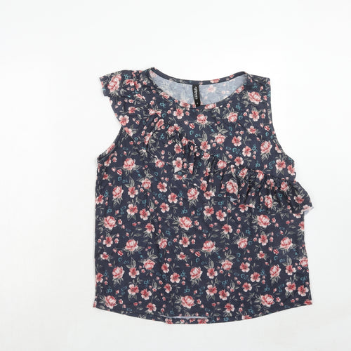 Colours of The World Womens Blue Floral Polyester Basic Blouse Size M Round Neck