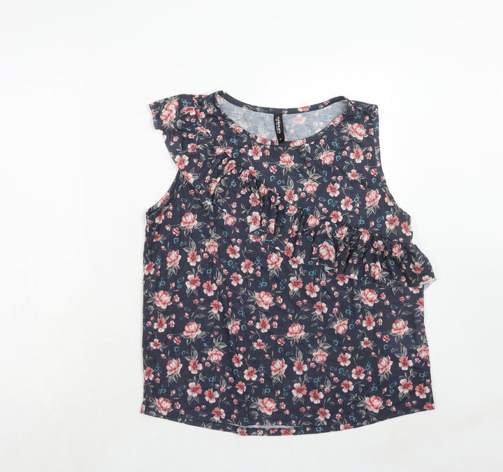 Colours of The World Womens Blue Floral Polyester Basic Blouse Size M Round Neck