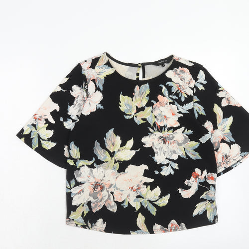 New Look Womens Black Floral Polyester Basic Blouse Size 8 Round Neck