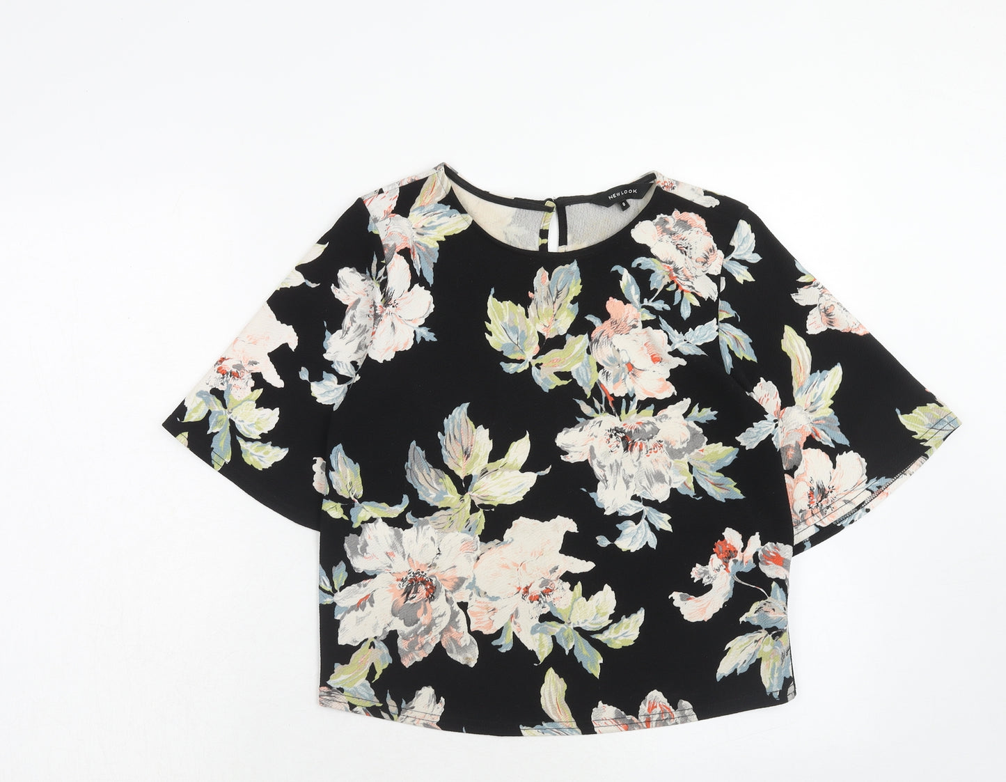 New Look Womens Black Floral Polyester Basic Blouse Size 8 Round Neck
