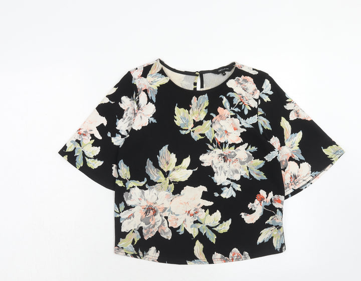 New Look Womens Black Floral Polyester Basic Blouse Size 8 Round Neck