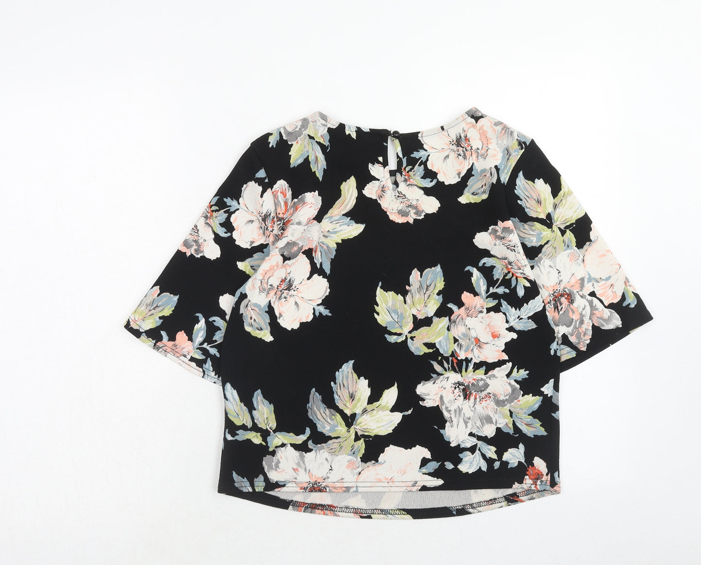 New Look Womens Black Floral Polyester Basic Blouse Size 8 Round Neck
