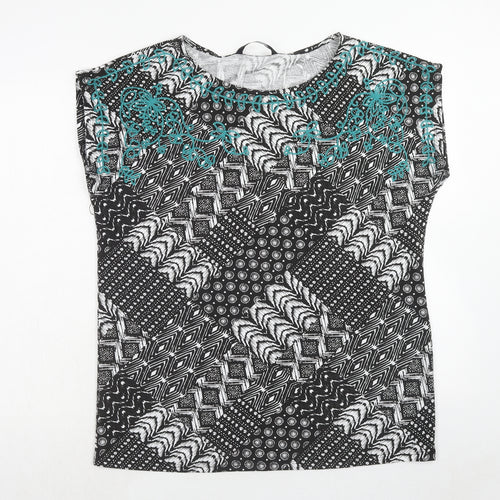 Bonmarché Womens Black Geometric Polyester Basic T-Shirt Size 14 Round Neck