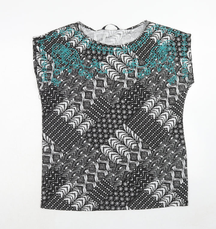 Bonmarché Womens Black Geometric Polyester Basic T-Shirt Size 14 Round Neck