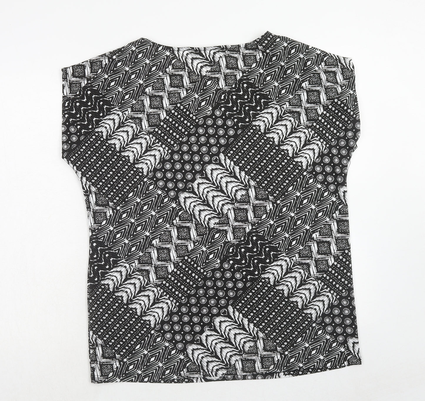Bonmarché Womens Black Geometric Polyester Basic T-Shirt Size 14 Round Neck