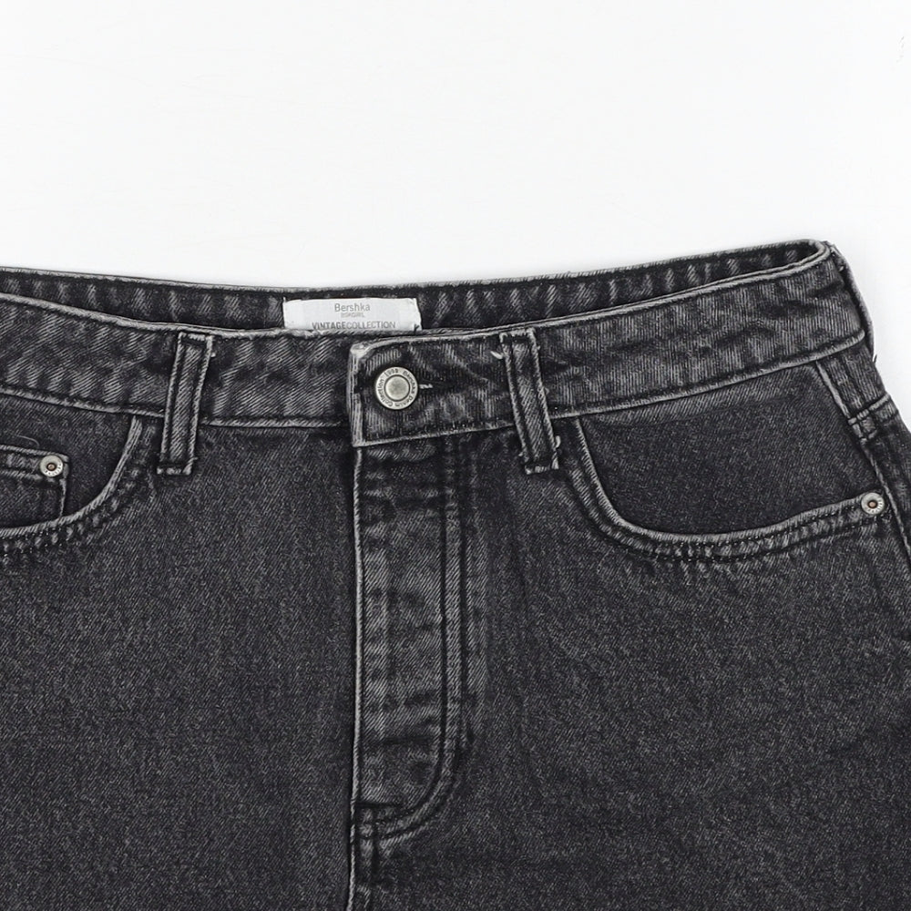 Bershka Womens Black Cotton Mini Skirt Size 10 Zip