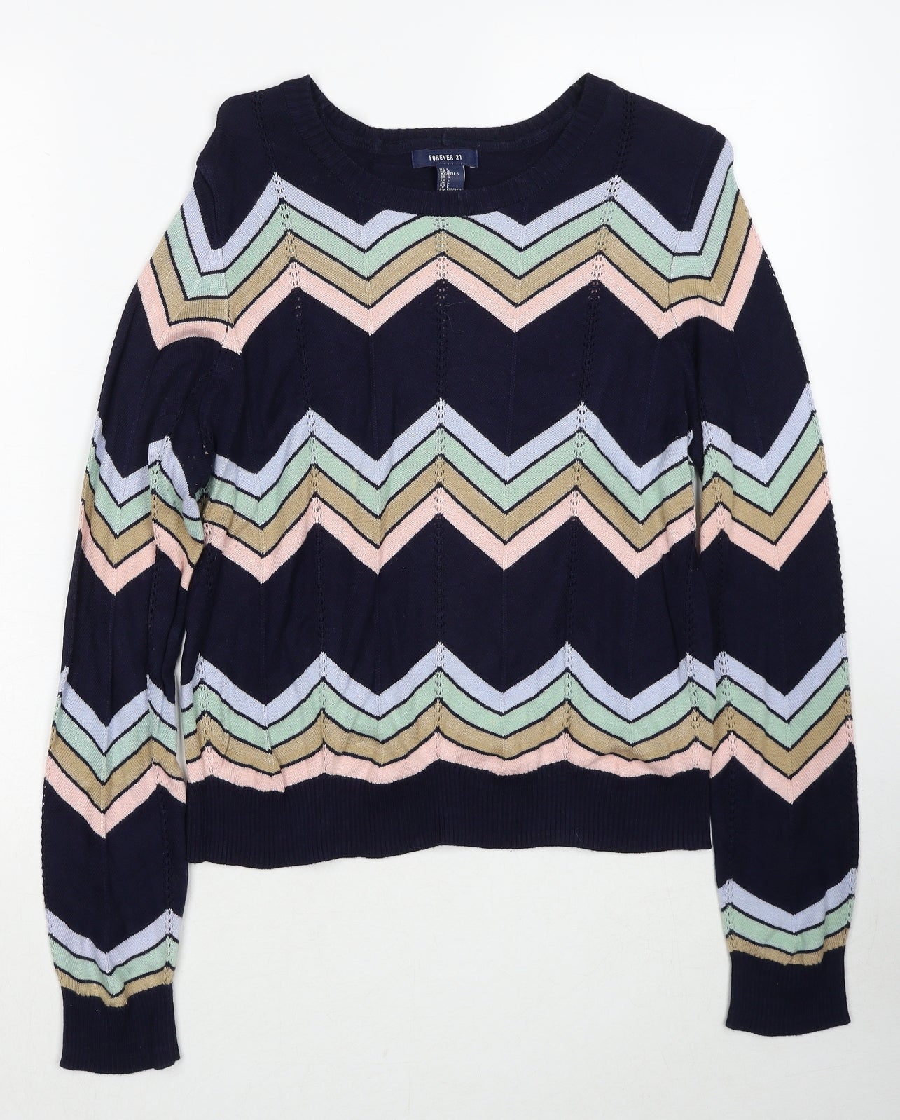 FOREVER 21 Womens Blue Round Neck Geometric Viscose Pullover Jumper Size L
